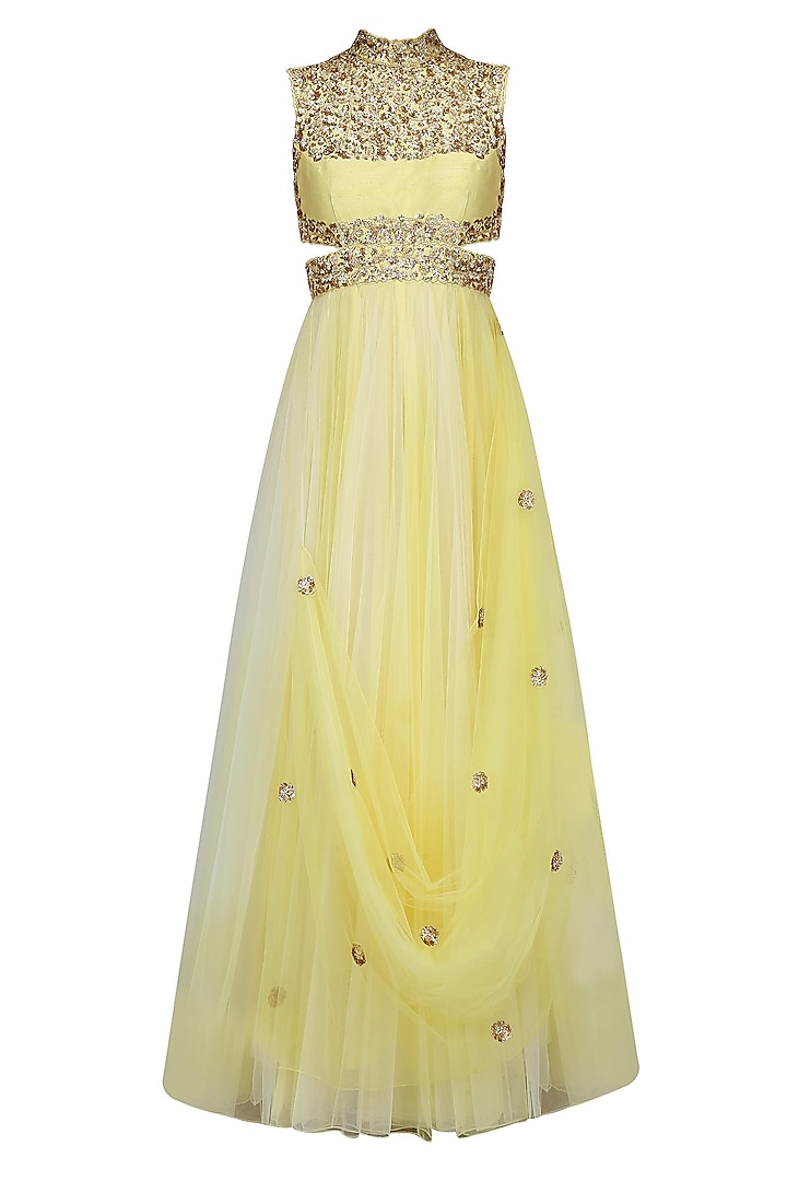 Yellow Ombre And Gold Floral Embroidered Cutout Anarkali Suit by Mahima Mahajan