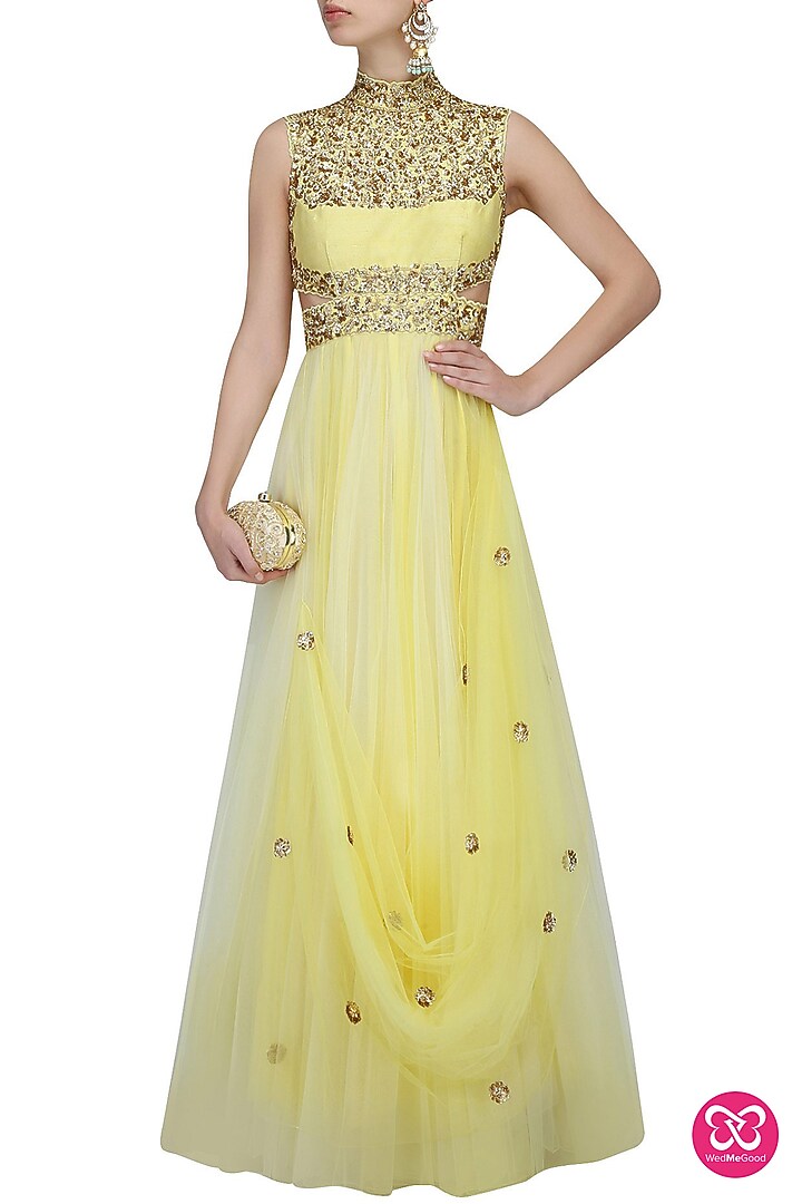 Yellow ombre and gold floral embroidered cutout anarkali suit available only at Pernia's Pop Up Shop.
