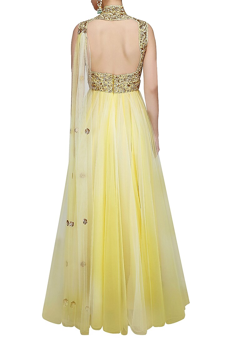 Yellow ombre and gold floral embroidered cutout anarkali suit available only at Pernia's Pop Up Shop.