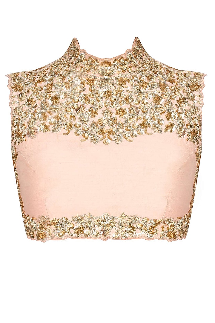 Pastel pink and gold floral embroidered blouse and lehenga set available only at Pernia's Pop Up Shop.