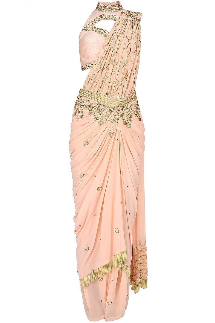Pastel Pink And Gold Floral Embroidered Drape Saree And Blouse Set by Mahima Mahajan