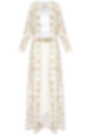 Ivory and gold floral embroidered jacket, bustier and dhoti skirt set available only at Pernia's Pop Up Shop.