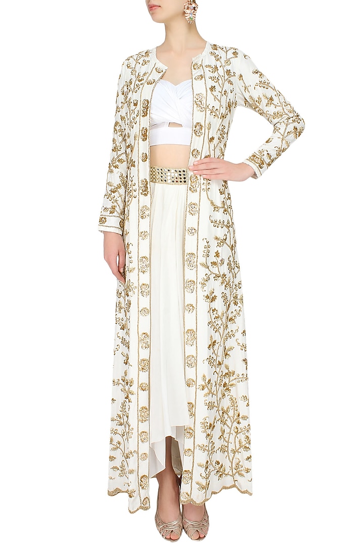 Ivory and gold floral embroidered jacket, bustier and dhoti skirt set available only at Pernia's Pop Up Shop.