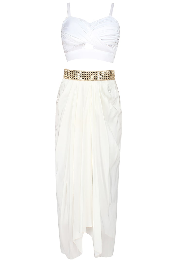 Ivory and gold floral embroidered jacket, bustier and dhoti skirt set available only at Pernia's Pop Up Shop.