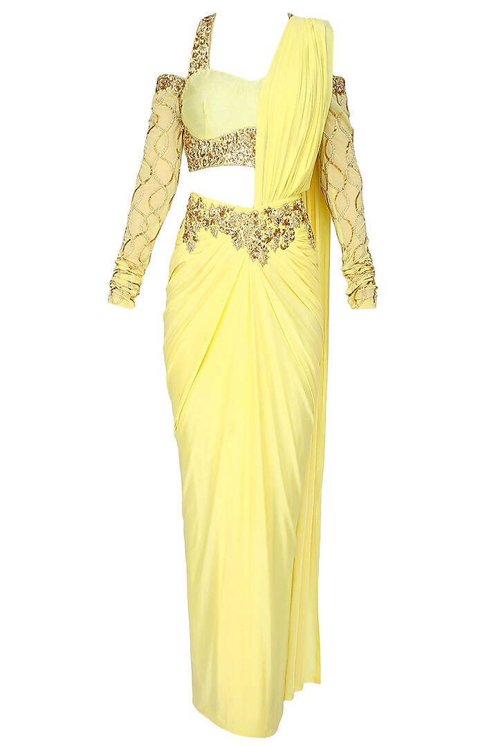 Yellow And Gold Floral Embroidered Drape Saree With Drop Shoulder Blouse by Mahima Mahajan
