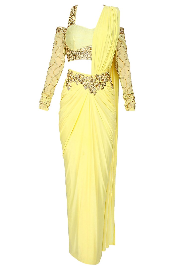 Yellow and gold floral embroidered drape saree with drop shoulder blouse available only at Pernia's Pop Up Shop.
