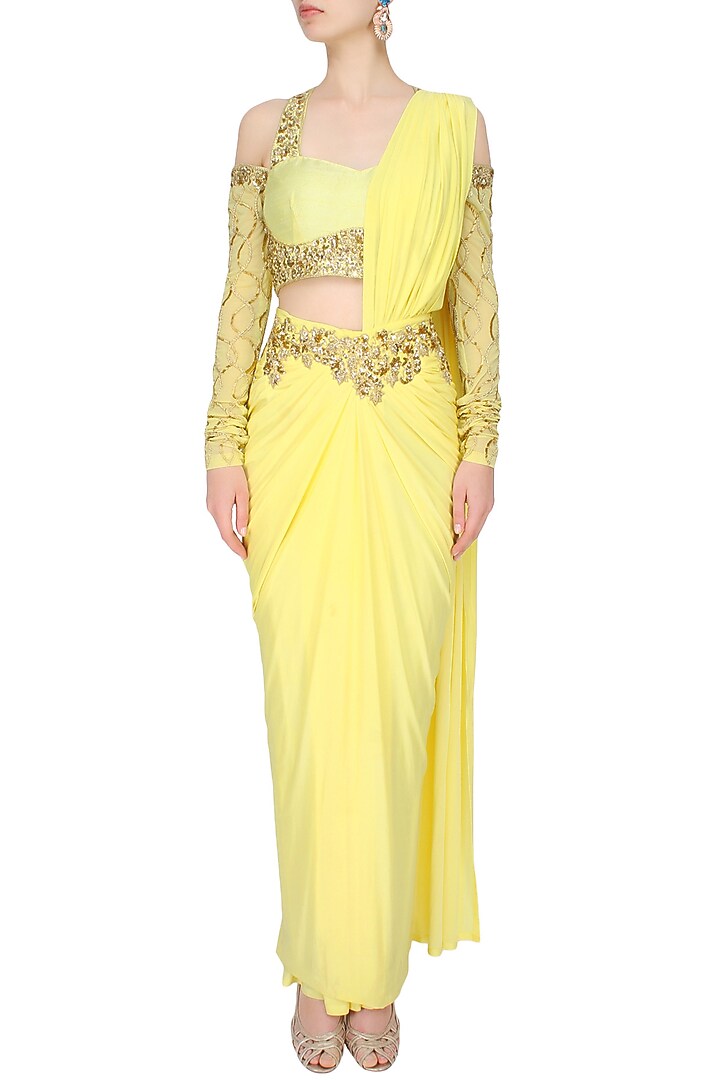 Yellow and gold floral embroidered drape saree with drop shoulder blouse available only at Pernia's Pop Up Shop.