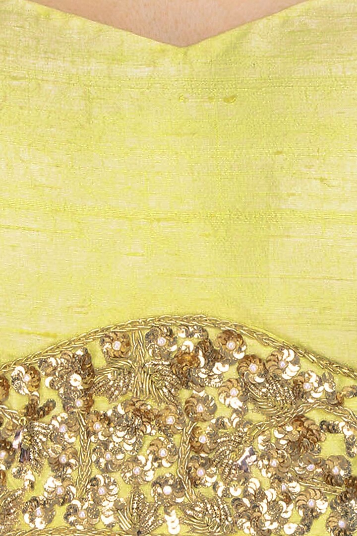 Yellow and gold floral embroidered drape saree with drop shoulder blouse available only at Pernia's Pop Up Shop.