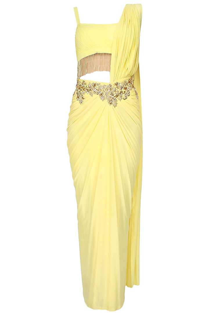 Yellow And Gold Floral Embroidered Drape Saree With Starppy Fringes Blouse by Mahima Mahajan