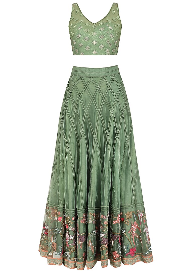 Forest Green Floral Embroidered Lehenga Set by Mansi Malhotra
