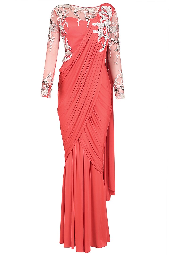 Coral Hand Embroidered Floral Drape Saree by Mansi Malhotra