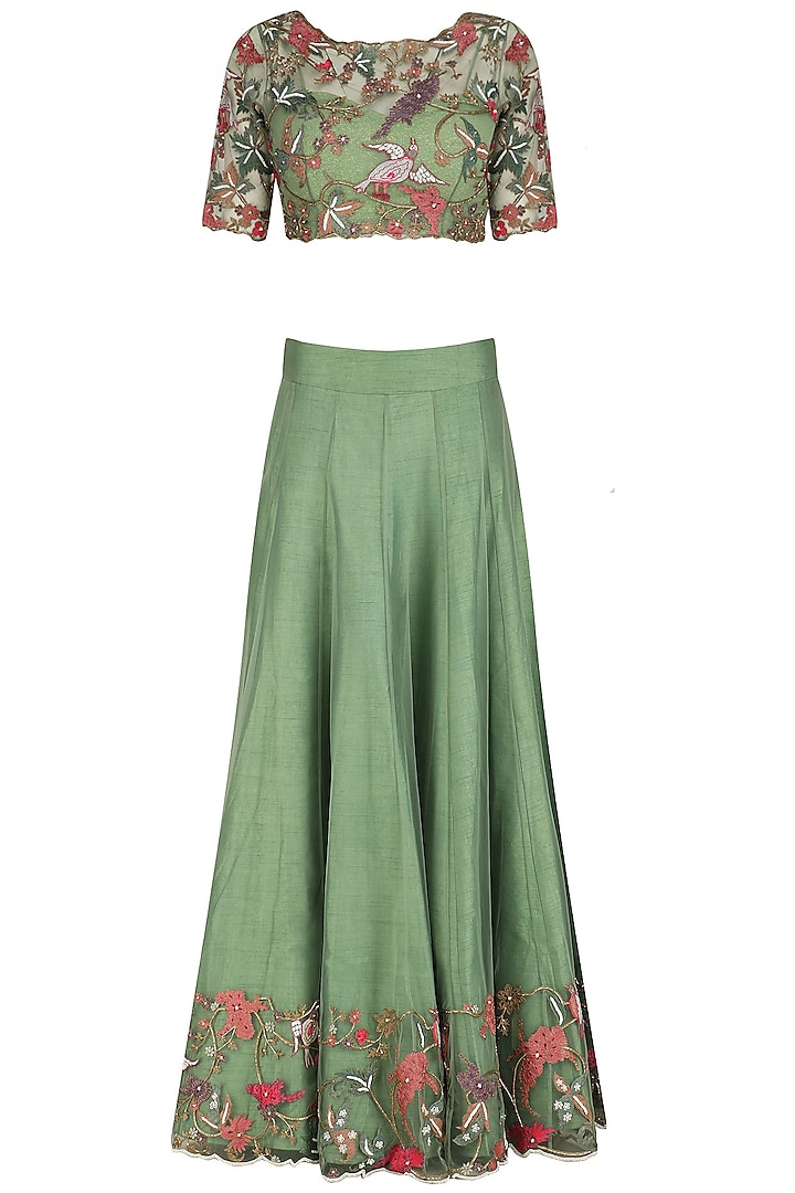Forest Green Embroidered Blouse, Skirt, Lurex Dupatta and Inner Set by Mansi Malhotra