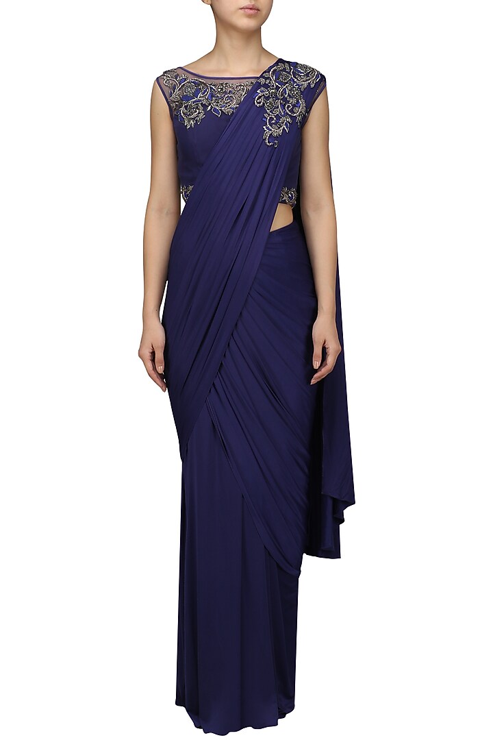 Cobalt blue embroidery drape saree with blouse available only at Pernia's Pop Up Shop.