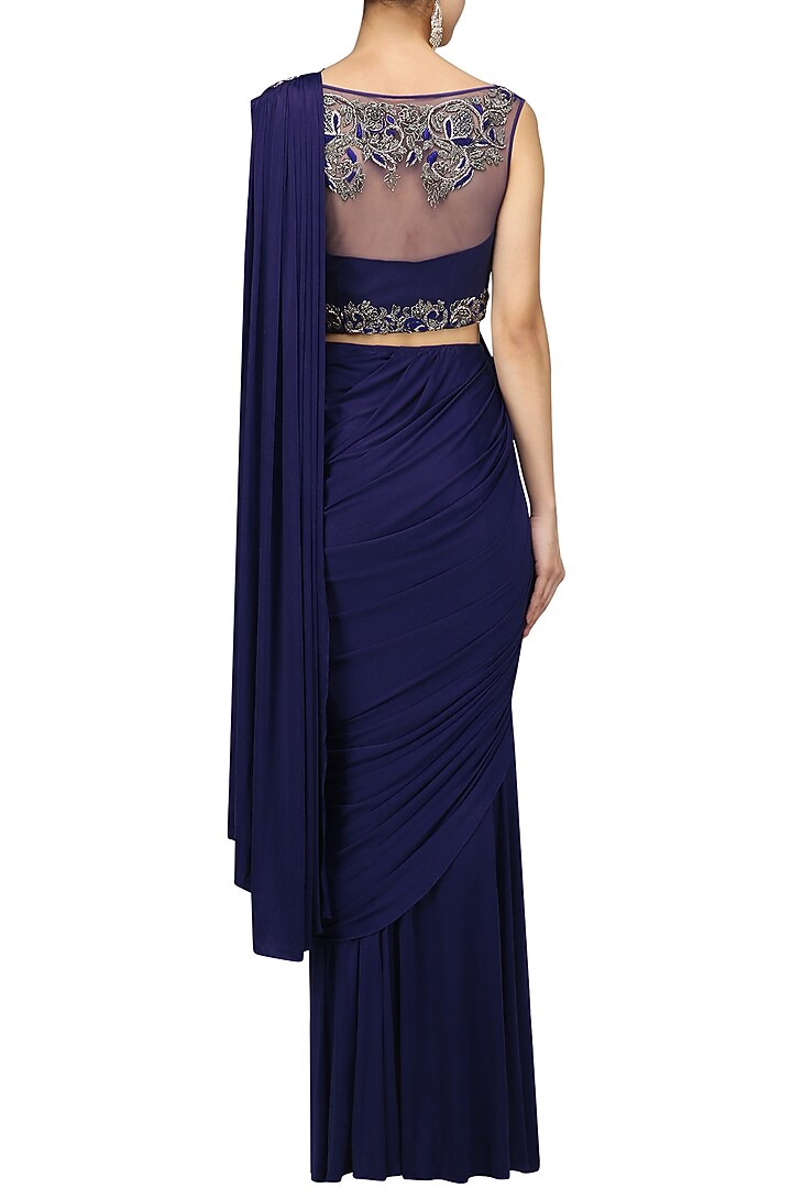 Cobalt blue embroidery drape saree with blouse available only at Pernia's Pop Up Shop.
