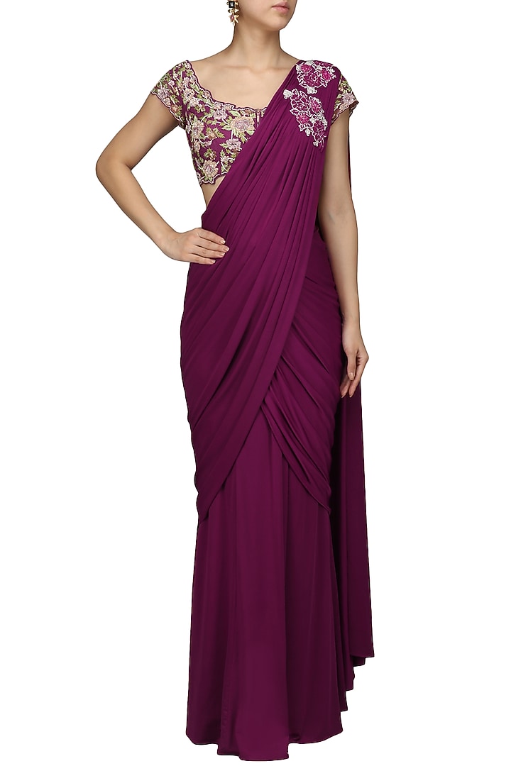 Violet embroiderd drape saree with blouse available only at Pernia's Pop Up Shop.