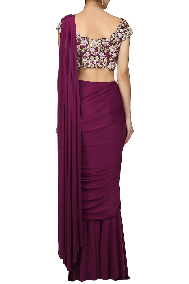 Violet embroiderd drape saree with blouse available only at Pernia's Pop Up Shop.