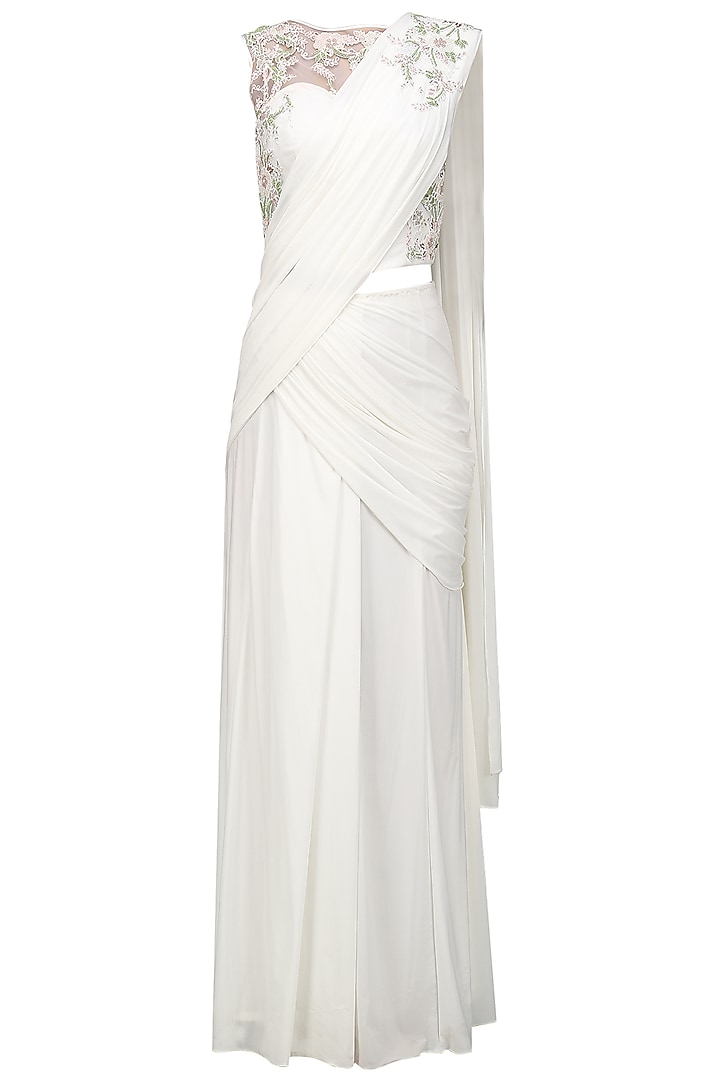 Ivory embroidered drape saree with blouse available only at Pernia's Pop Up Shop.