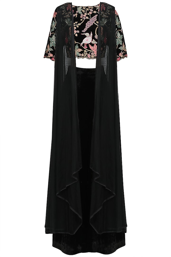 Black Floral Embroidered Crop Top with Palazzo Pants and Jacket Set by Mansi Malhotra