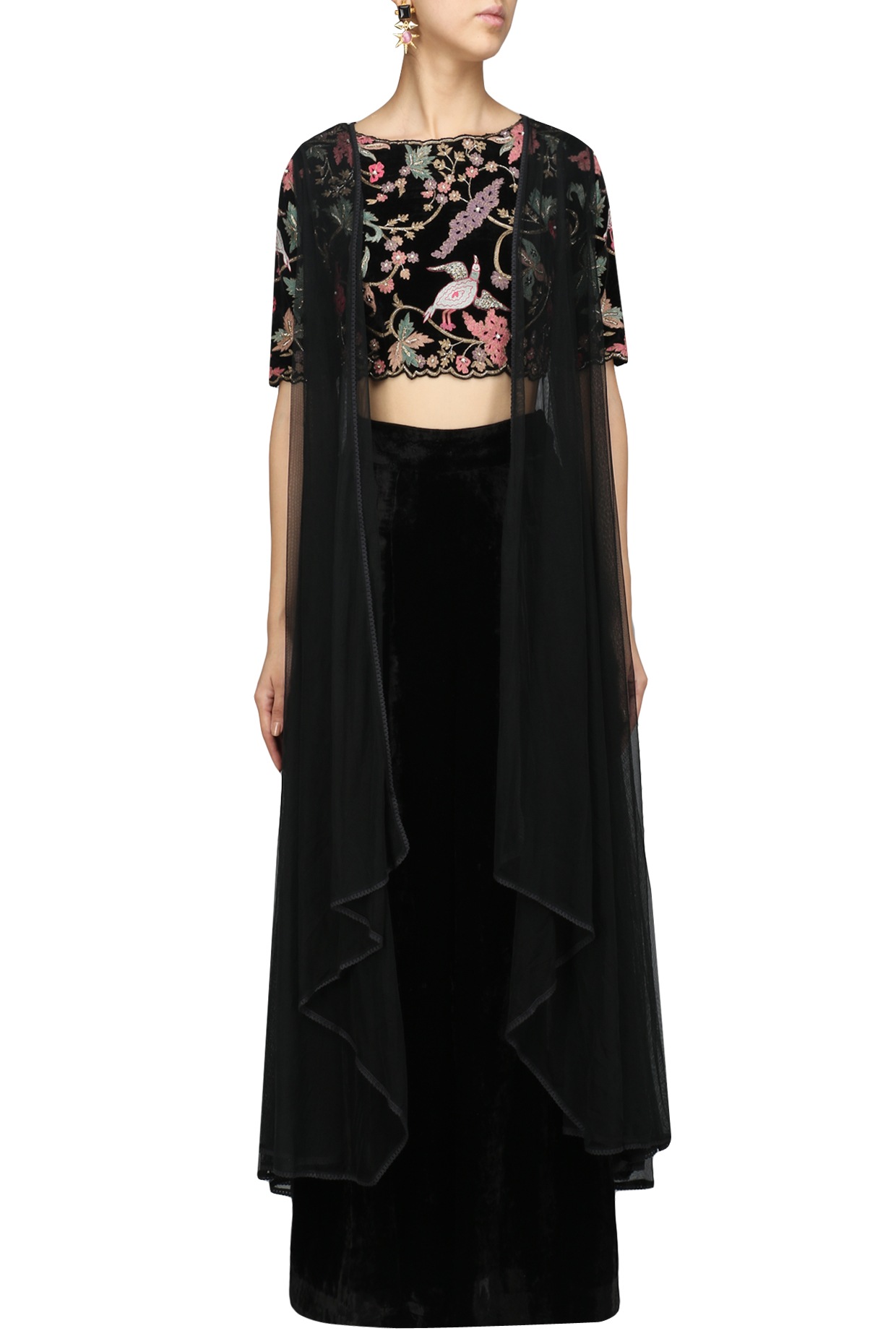 Black floral embroidered crop top with 