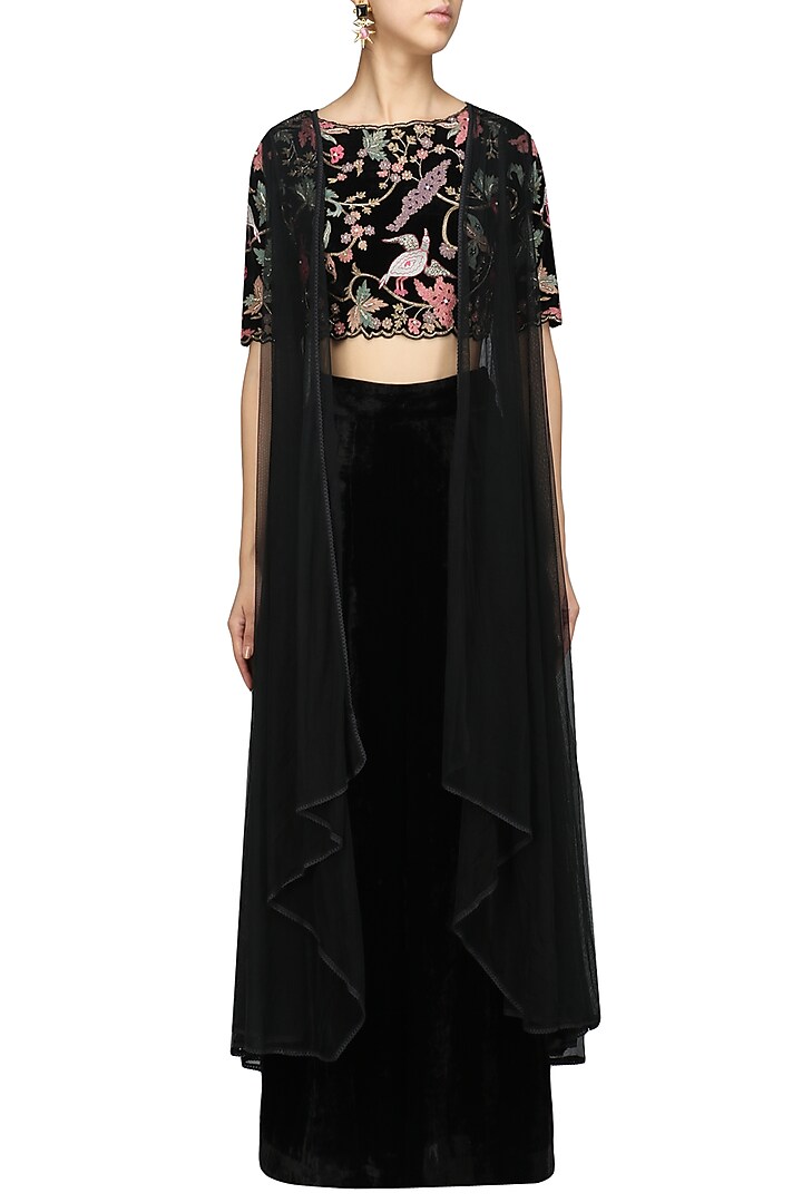 Black floral embroidered crop top with palazzo pants and jacket set available only at Pernia's Pop Up Shop.