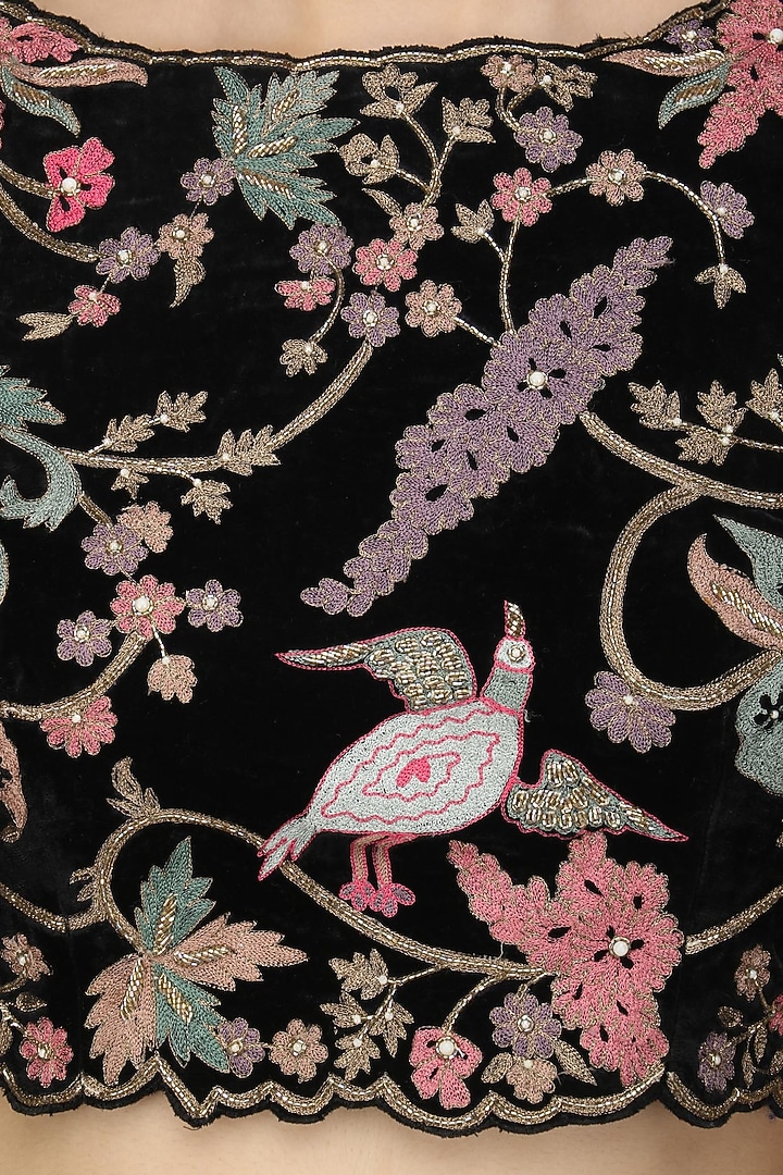 Black floral embroidered crop top with palazzo pants and jacket set available only at Pernia's Pop Up Shop.