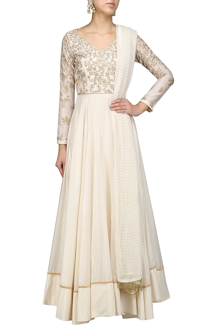Ivory thread and beads work anarkali set available only at Pernia's Pop Up Shop.