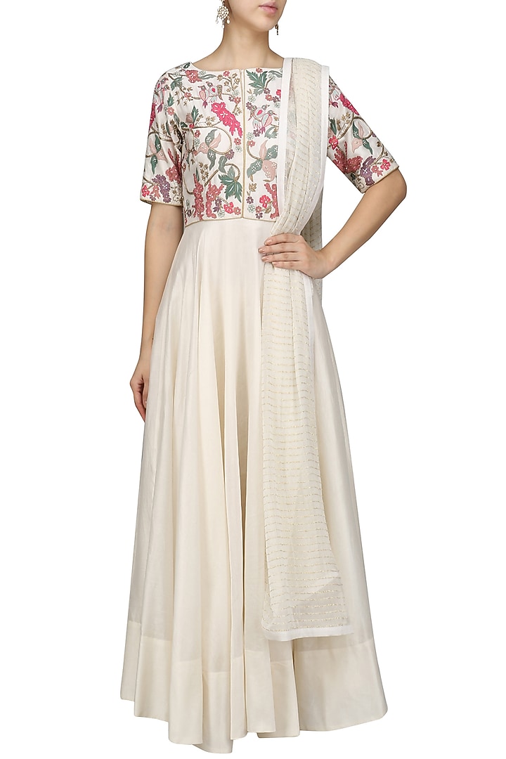 Ivory beads and multicolor thread work anarkali set available only at Pernia's Pop Up Shop.