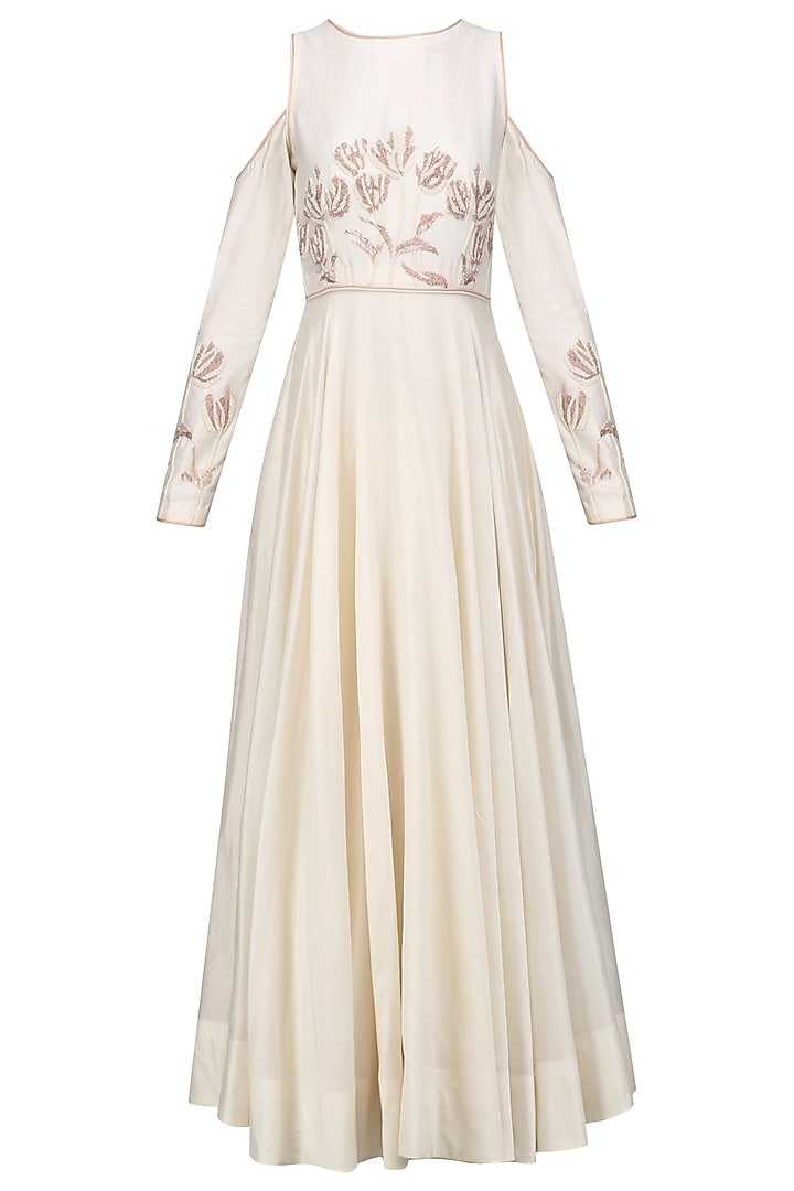 Ivory cold shoulder embroidered anarkali set available only at Pernia's Pop Up Shop.