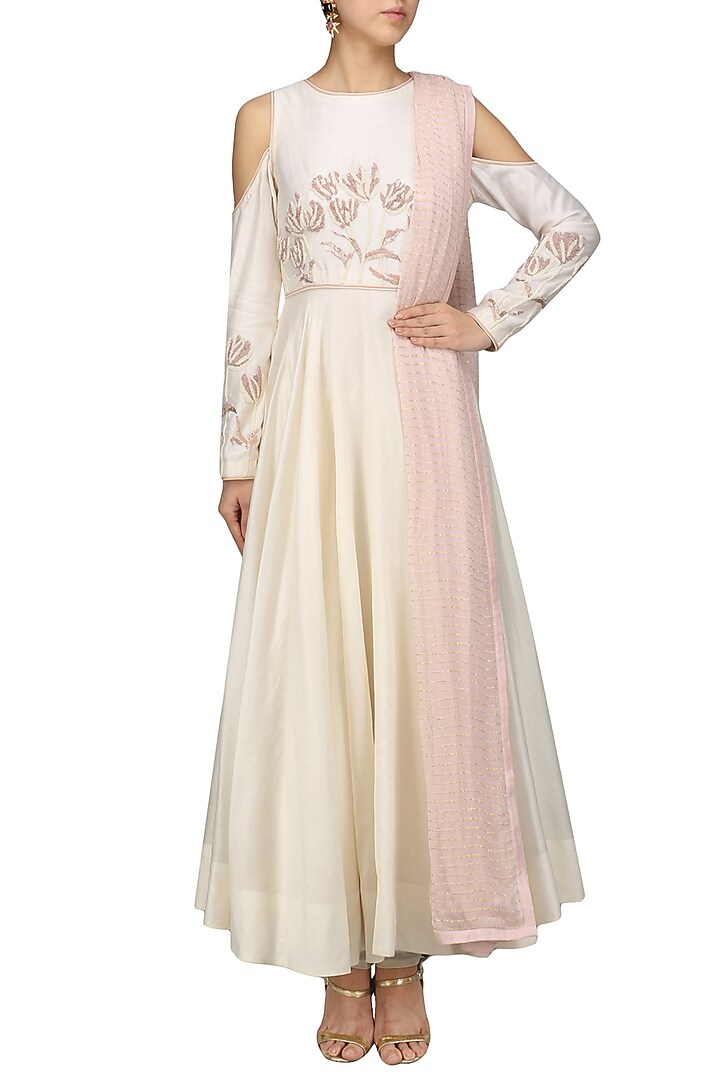 Ivory cold shoulder embroidered anarkali set available only at Pernia's Pop Up Shop.