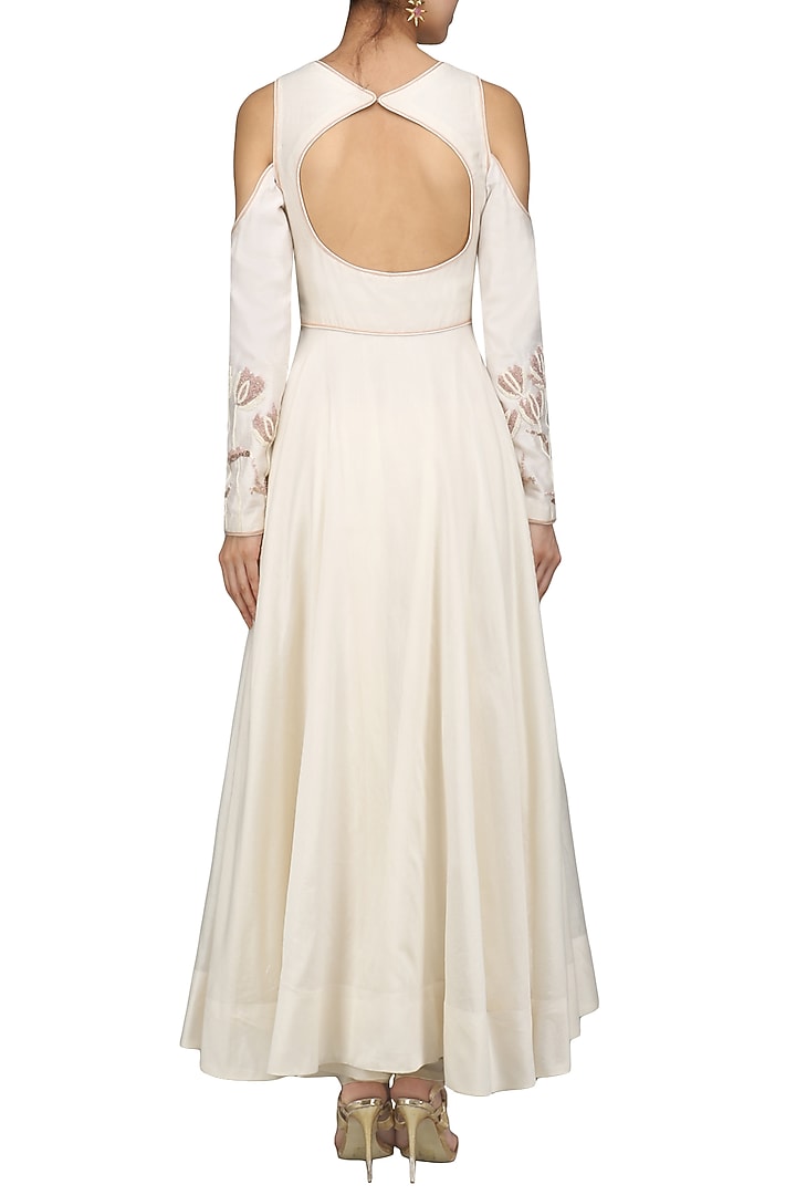 Ivory cold shoulder embroidered anarkali set available only at Pernia's Pop Up Shop.
