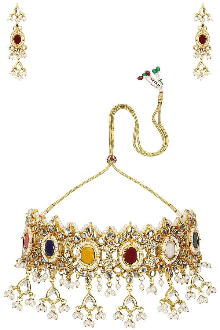 Gold Plated Kundan and Semi Precious Stones Rajwada Choker Necklace Set by Moh-Maya by Disha Khatri
