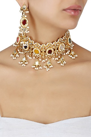 Gold Plated Kundan and Semi Precious Stones Rajwada Choker Necklace Set by Moh-Maya by Disha Khatri