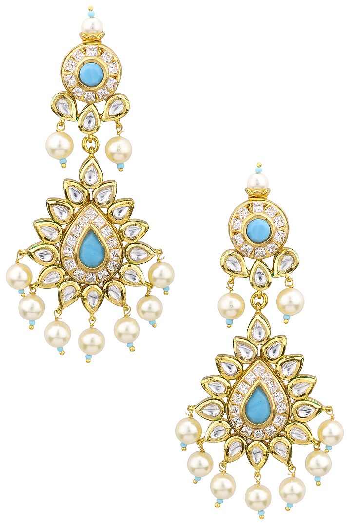 Gold plated kundan and aqua semi precious stones chandbali earrings available only at Pernia's Pop Up Shop.