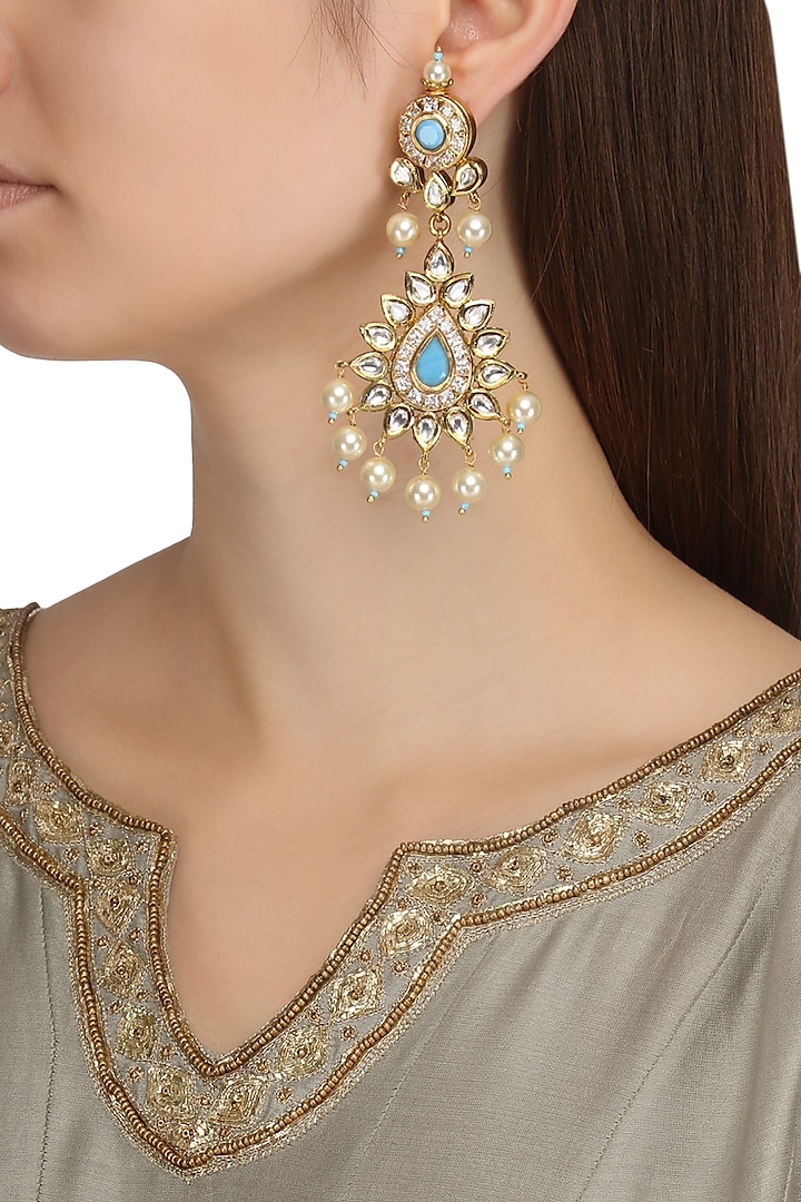 Gold Plated Kundan and Aqua Semi Precious Stones Chandbali Earrings by Moh-Maya by Disha Khatri