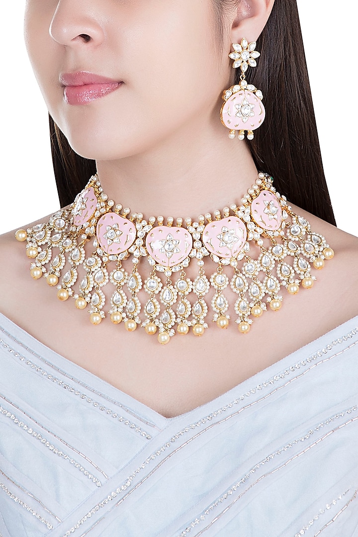 Gold Plated Rose Pink Pearls & Kundan Necklace set by Moh-Maya by Disha Khatri