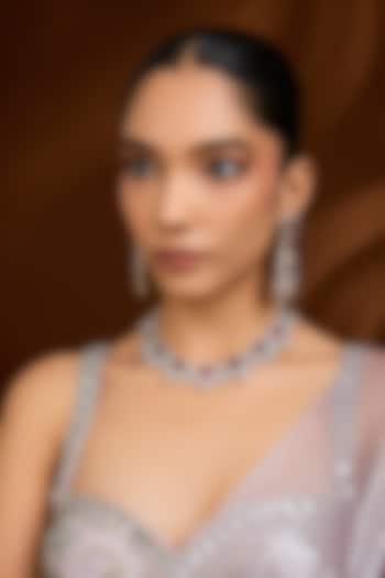 Silver Finish Zircon & Ruby Stone Long Necklace Set by Moh-Maya by Disha Khatri at Pernia's Pop Up Shop