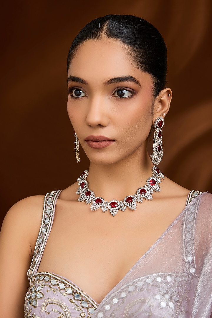 Silver Finish Zircon & Ruby Stone Long Necklace Set by Moh-Maya by Disha Khatri at Pernia's Pop Up Shop