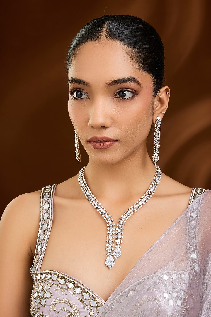 Silver Finish Zircon Long Necklace Set by Moh-Maya by Disha Khatri at Pernia's Pop Up Shop