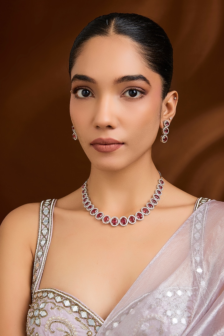 Silver Finish Zircon & Ruby Stone Necklace Set by Moh-Maya by Disha Khatri at Pernia's Pop Up Shop