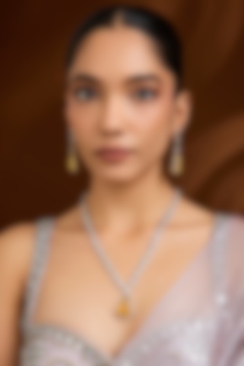 Silver Finish Zircon & Yellow Stone Long Necklace Set by Moh-Maya by Disha Khatri at Pernia's Pop Up Shop