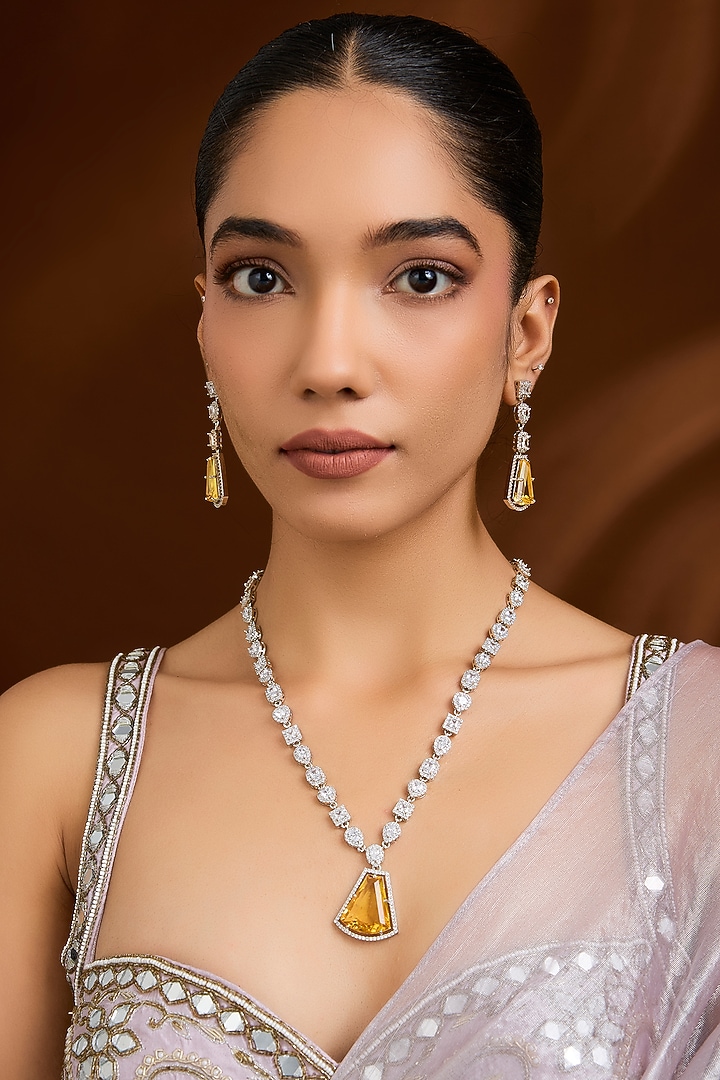 Silver Finish Zircon & Yellow Stone Long Necklace Set by Moh-Maya by Disha Khatri at Pernia's Pop Up Shop