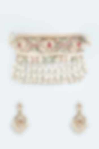 Gold Finish Multi-Colored Jadau Choker Necklace Set by Moh-Maya by Disha Khatri at Pernia's Pop Up Shop