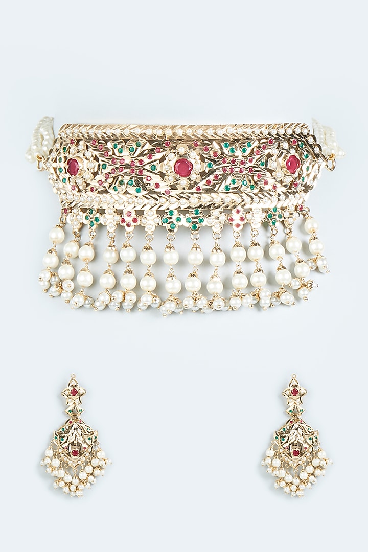 Gold Finish Multi-Colored Jadau Choker Necklace Set by Moh-Maya by Disha Khatri at Pernia's Pop Up Shop