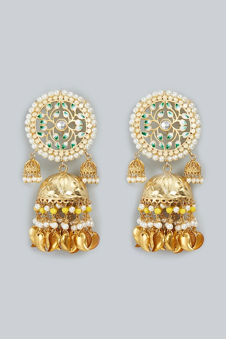 Gold Finish Meenakari Jhumka Earrings by Moh-Maya by Disha Khatri