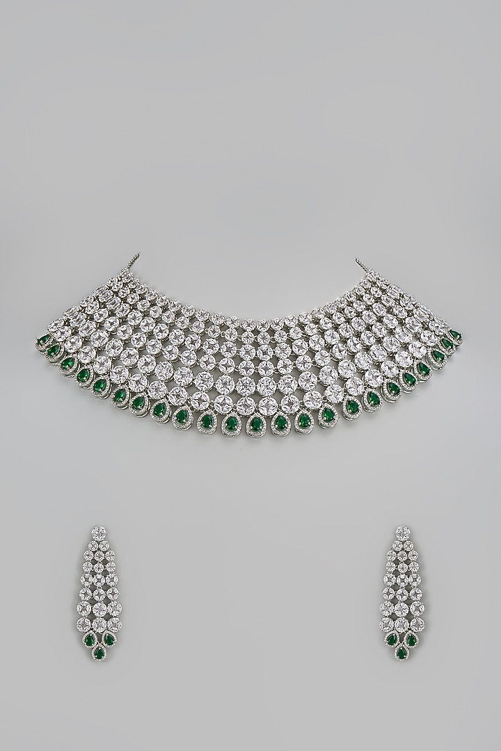 White Finish Emerald Stone & Zircon Choker Necklace Set by Moh-Maya by Disha Khatri at Pernia's Pop Up Shop