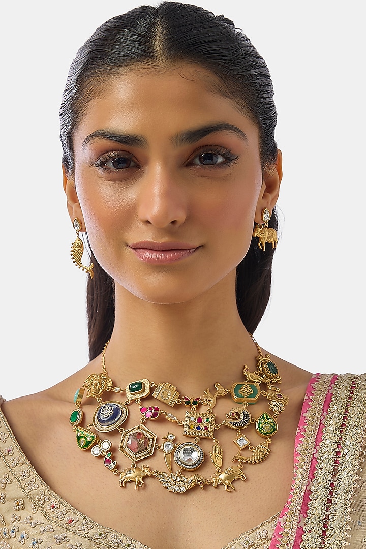 Gold Finish Multi-Colored Enameled Statement Choker Necklace Set by Moh-Maya by Disha Khatri at Pernia's Pop Up Shop
