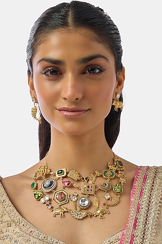 Gold Finish Multi-Colored Enameled Statement Choker Necklace Set by Moh-Maya by Disha Khatri