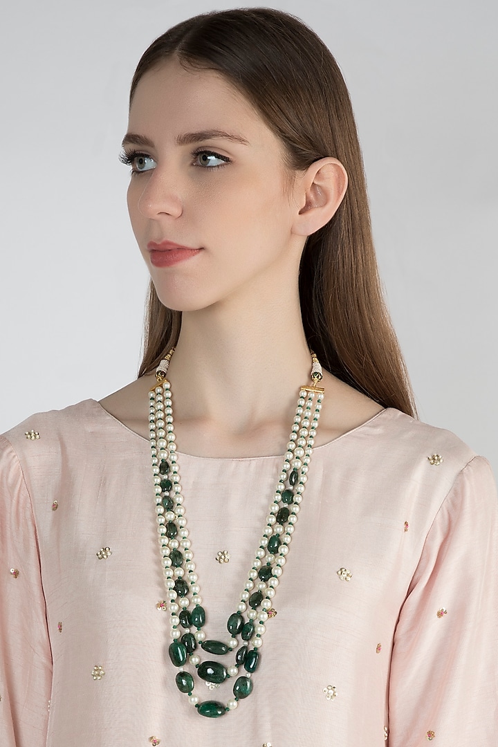 Emerald & Pearl Layered Necklace by Moh-Maya by Disha Khatri