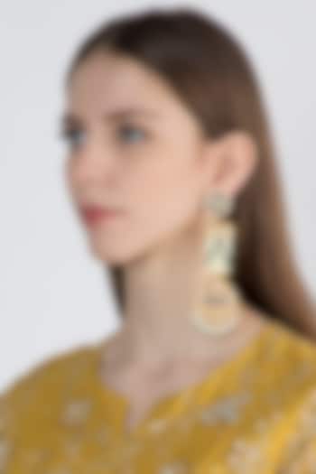 Gold Finish Green Bead & Kundan Long Earrings by Moh-Maya by Disha Khatri