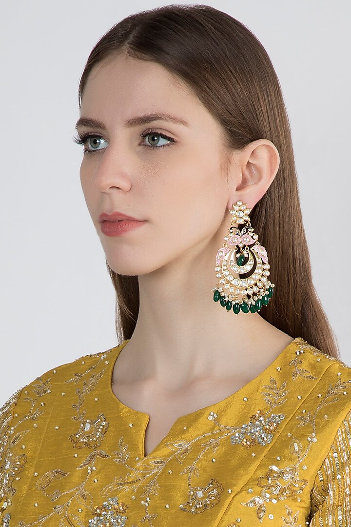 Gold Finish Meenakari Emerald Chandbali Earrings by Moh-Maya by Disha Khatri